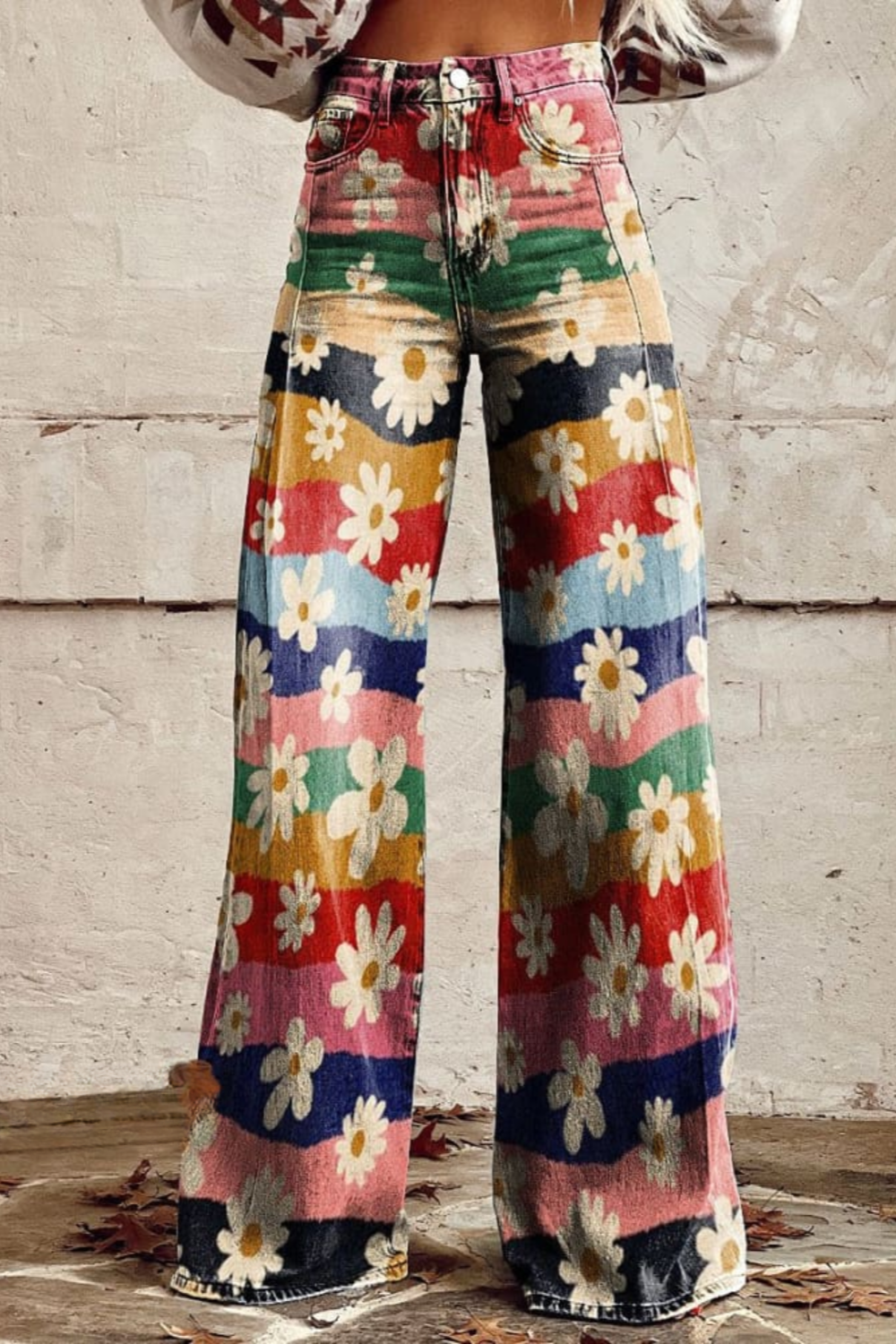 Margherita™ - Pantalon rayé fleuri style rétro