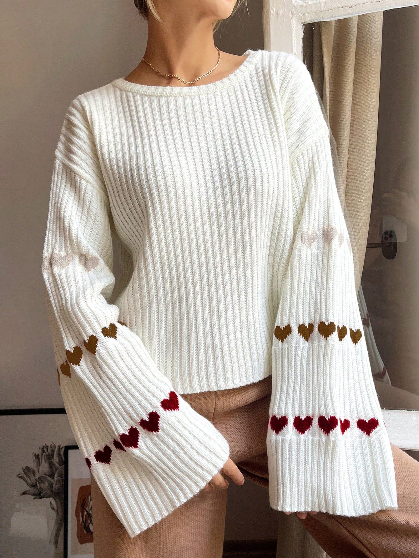 Heartiva | Pull Manches Évasées Motif Cœur