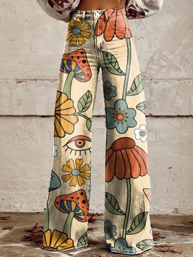 Giada™- Pantalon évasé à motif floral botanique vintage