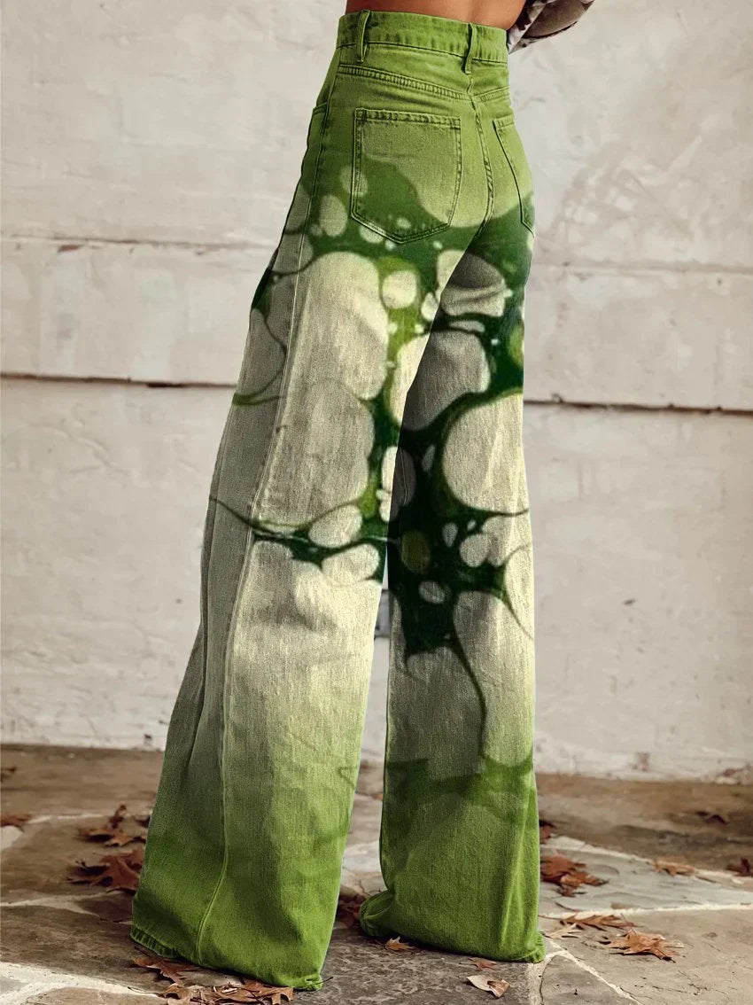 Verde™ - Pantalon évasé aux nuances de vert rétro et effet aqua