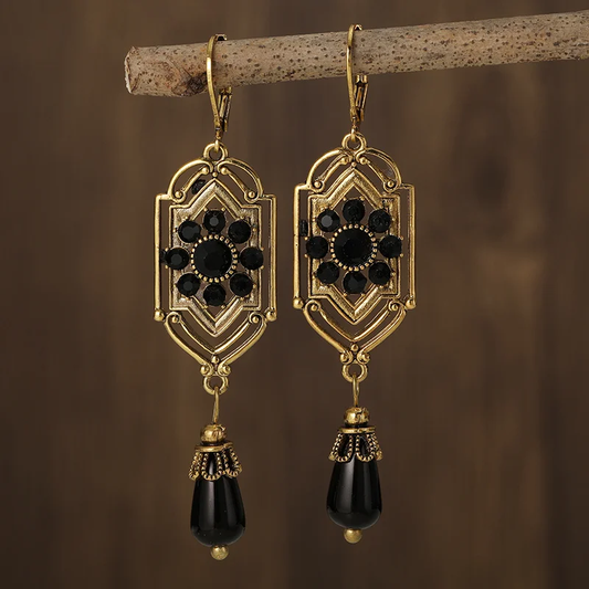 Boucles d'Oreilles Vintage avec Cristaux Noirs Pendants