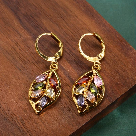 Boucles d'Oreilles en Or Vintage en Forme de Feuille avec Zirconia Colorées